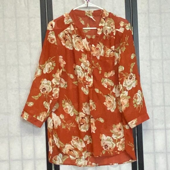 Live 4 Truth Tops - Live 4 Truth Rust Sheer Hi-Low Tunic Blouse XL Tab ¾ Sleeve Collarless Button Up